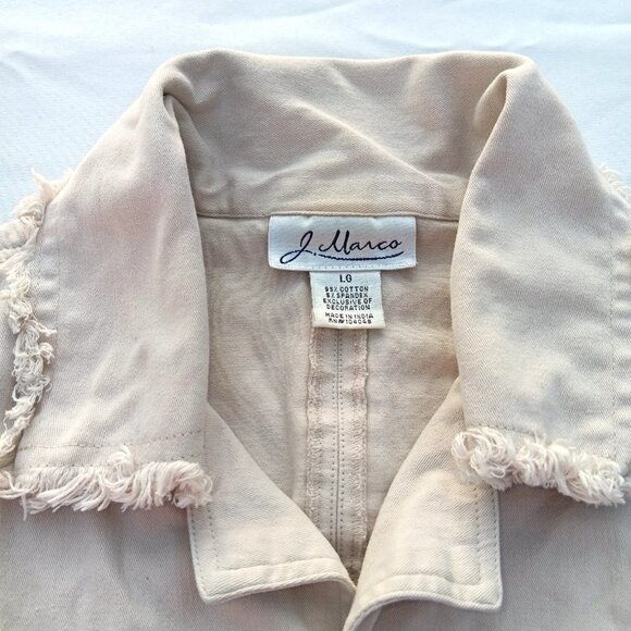 J Marco Embroidered Denim Jacket Frayed Stretch Beige Tan Shabby Chic Rose Large - Picture 7 of 7